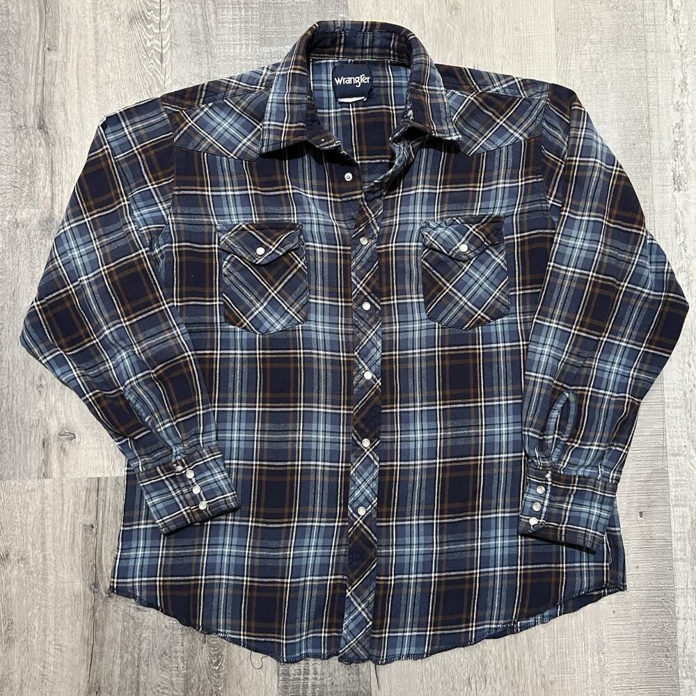 Wrangler Cotton Pearl Snap Western Shirt Blue Men's Plaid Distressed Size L